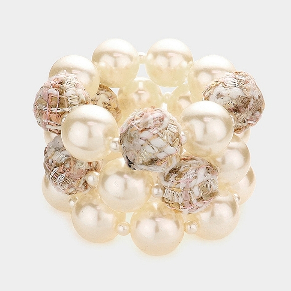 Gold Cream Tweed Fabric Ball Pearl 3 Pc Set Stretch Bracelets MultiLayered